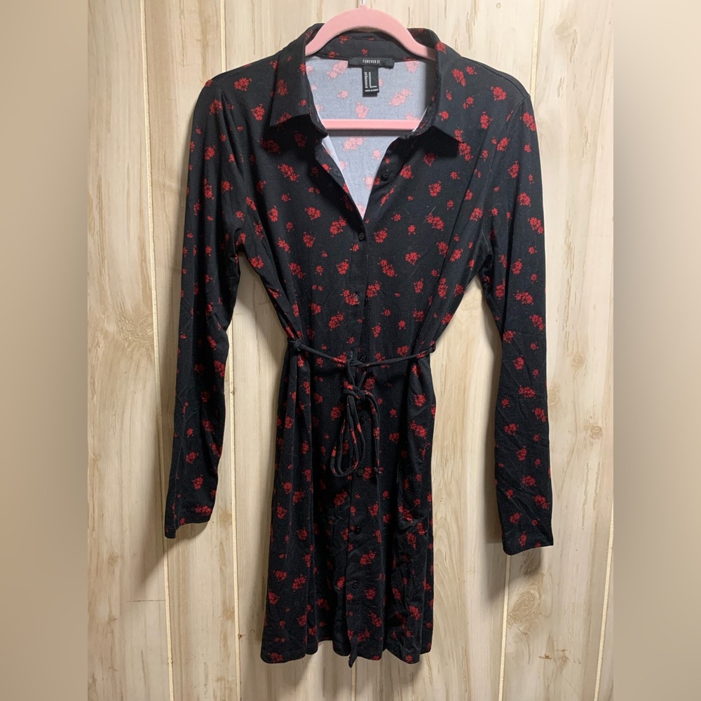 Forever 21 Super Soft Black Dress with Red Floral Design